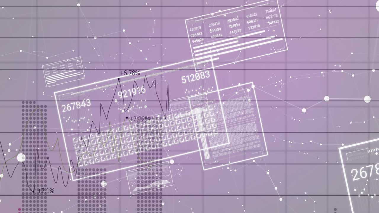 Opening violet grid initiating translucent data panels drifting over grid, visualizing analytics