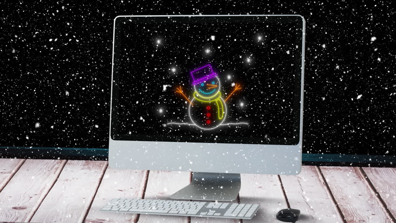 크리스마스에 내리는 눈 위에 컴퓨터에 있는 스노우맨의 애니메이션