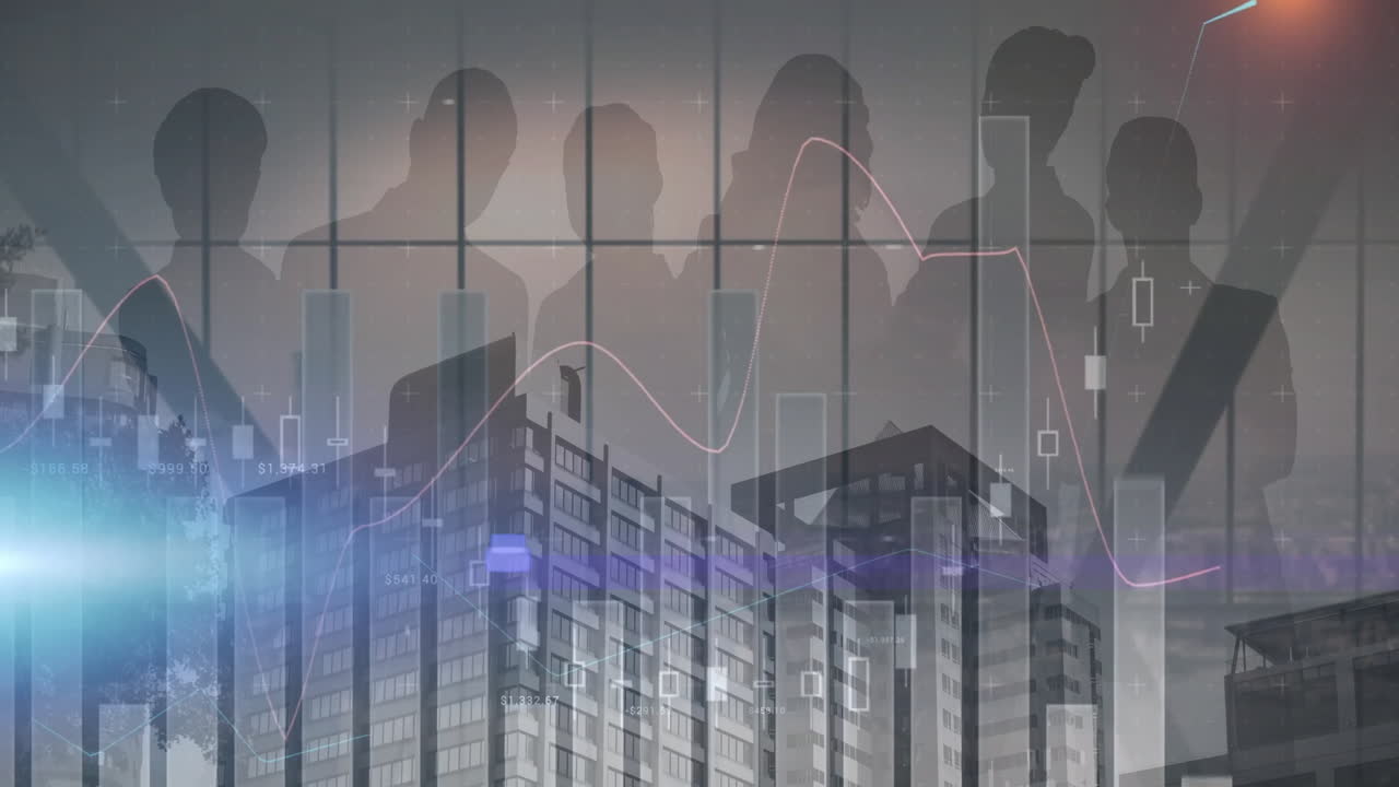 기업인 및 도시 풍경에 대한 통계 및 금융 데이터 처리의 애니메이션