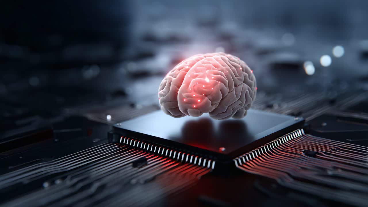 A futuristic representation of artificial intelligence blending human brain and microchip technology, symbolizing the merger of biology and computing innovations