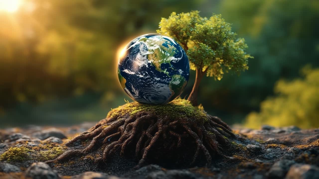 Growing planet with tree on roots. A small tree grows from the earth, supporting a globe, representing nature's harmony and sustainability.