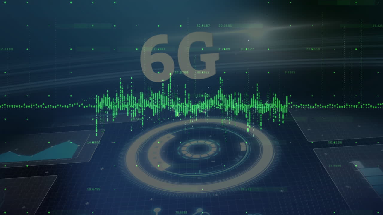 Animation of 6G technology with digital waveforms and futuristic interface elements