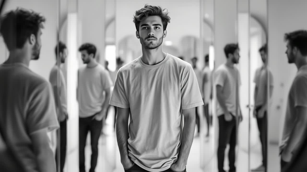 Man standing in a room with multiple reflections from mirrors