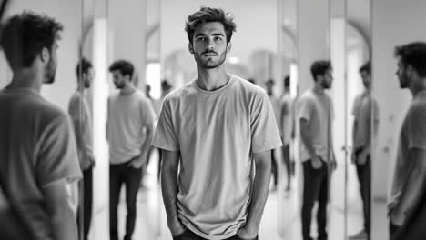 man standing in a room with multiple reflections from mirrors