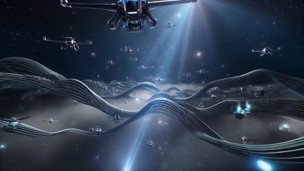 Swarm of Futuristic Drones Flying Through Abstract Digital Landscape