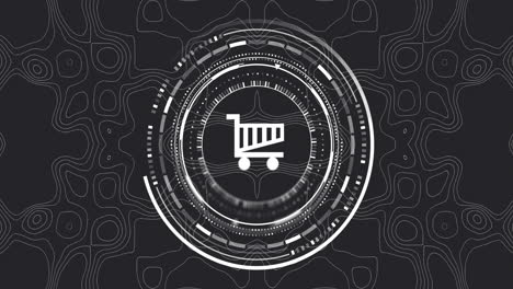 icono de carrito de compras con animación de interfaz digital sobre un fondo geométrico abstracto