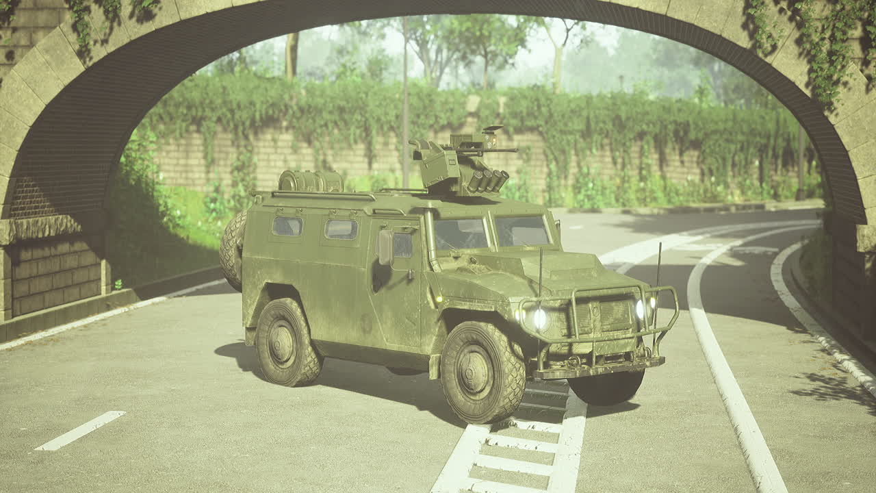 Military vehicle maneuvers under an archway in a serene landscape