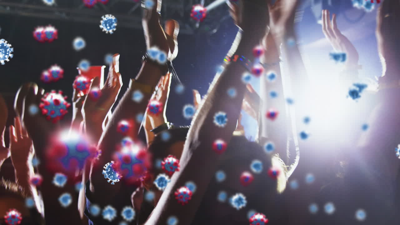 코로나19 세포가 배경에서 춤추는 친구 그룹을 상대로 움직이는 디지털 복합 비디오