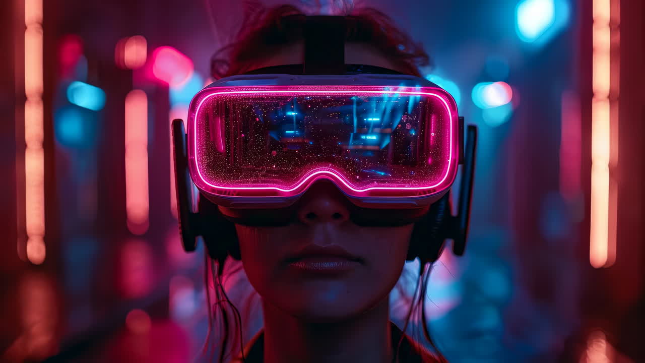 Neon-lit virtual reality fun. A person engages in a virtual reality adventure while surrounded by vibrant neon lights