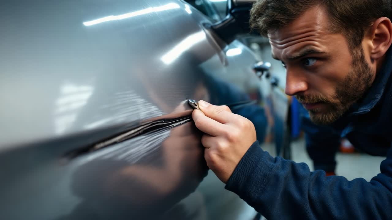 Man applying protective film or window tint to a car