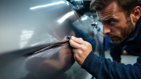 man applying protective film or window tint to a car