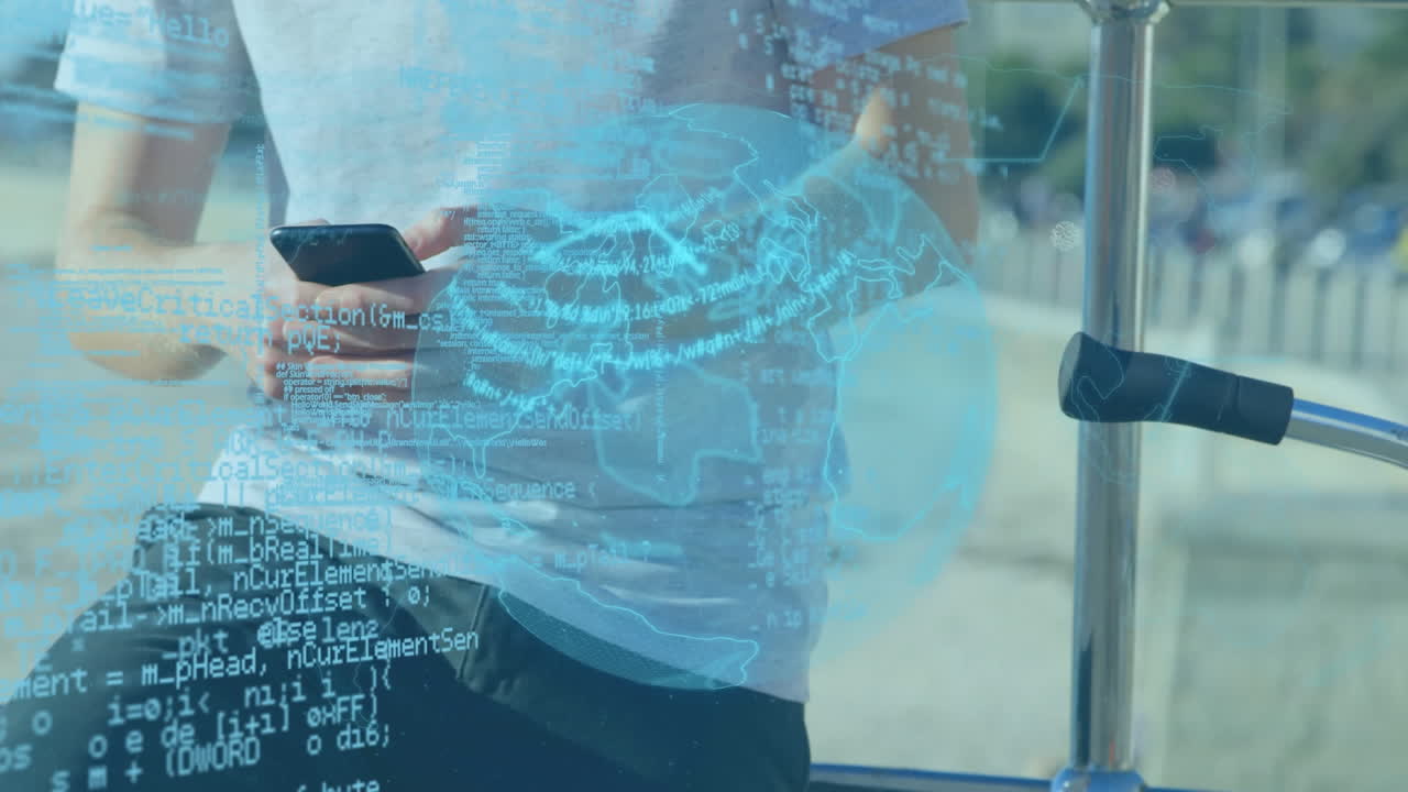 스마트 폰을 사용하여 데이터 처리 및 인간 위의 지구의 애니메이션