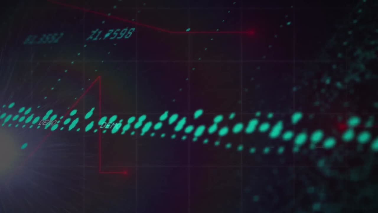 Data processing and spot of light against red light trails over grid network on blue background