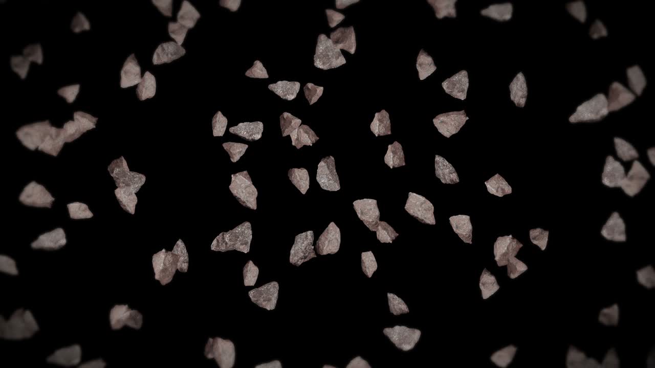 검은 바탕에 많은 바위 돌을 날아. 깨진 스플래시 폭발. 도전 개념. 돌 스플래쉬 회전의 3d 애니메이션. 루프 애니메이션.