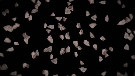 volando muchas piedras de roca en fondo negro. explosión de salpicaduras rotas. concepto de desafío. animación 3d de salpicadas de piedra girando. animación de bucle.