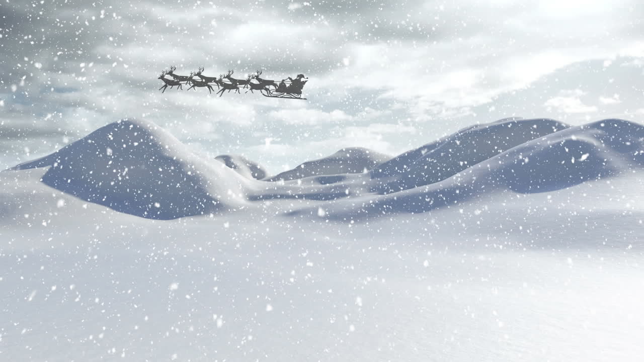 산타클로스 위에 내리는 눈은 겨울 풍경에 대항하여 사 ⁇ 에 의해 당겨지고 있습니다.