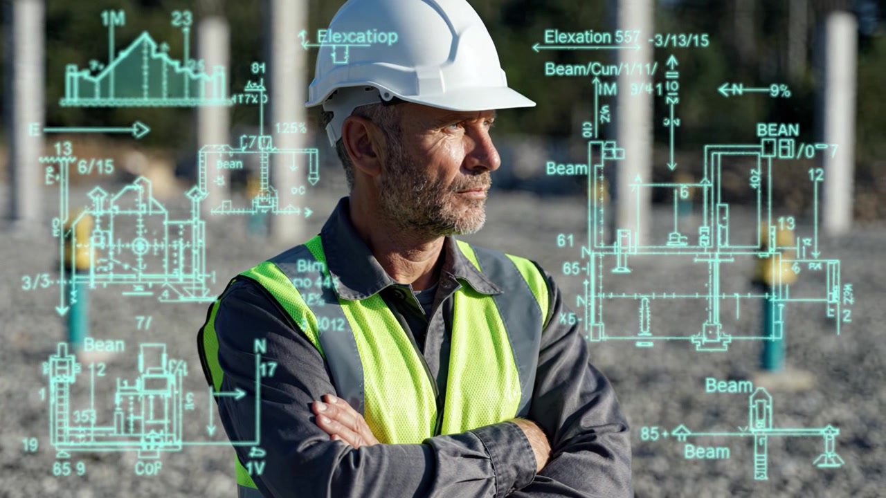 Experienced construction worker analyzing blueprints on a job site, showcasing dedication to safety and precision in structural engineering projects.