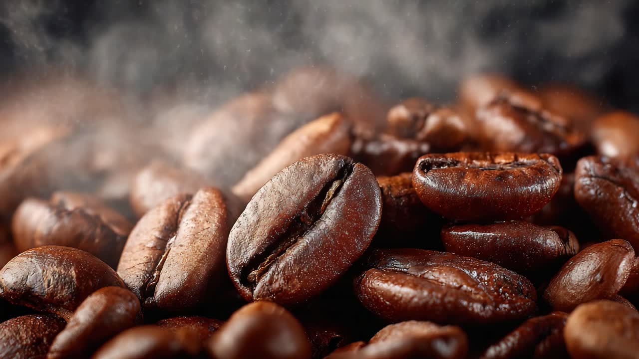 En nærbillede udforskning af aromatiske kaffebønner: Fængslende teksturer og rige farver i en dampende varm bryg