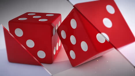 a 3d render of a pair of red and white dice, with a moving glass panes effect