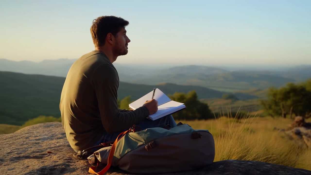 Profilo laterale di un uomo dai capelli scuri seduto sopra erba secca e colline stratificate, con una penna pronta su un taccuino aperto, mentre la calda luce del sole al tramonto ne delinea la figura e uno zaino poggia su una roccia accanto a lui