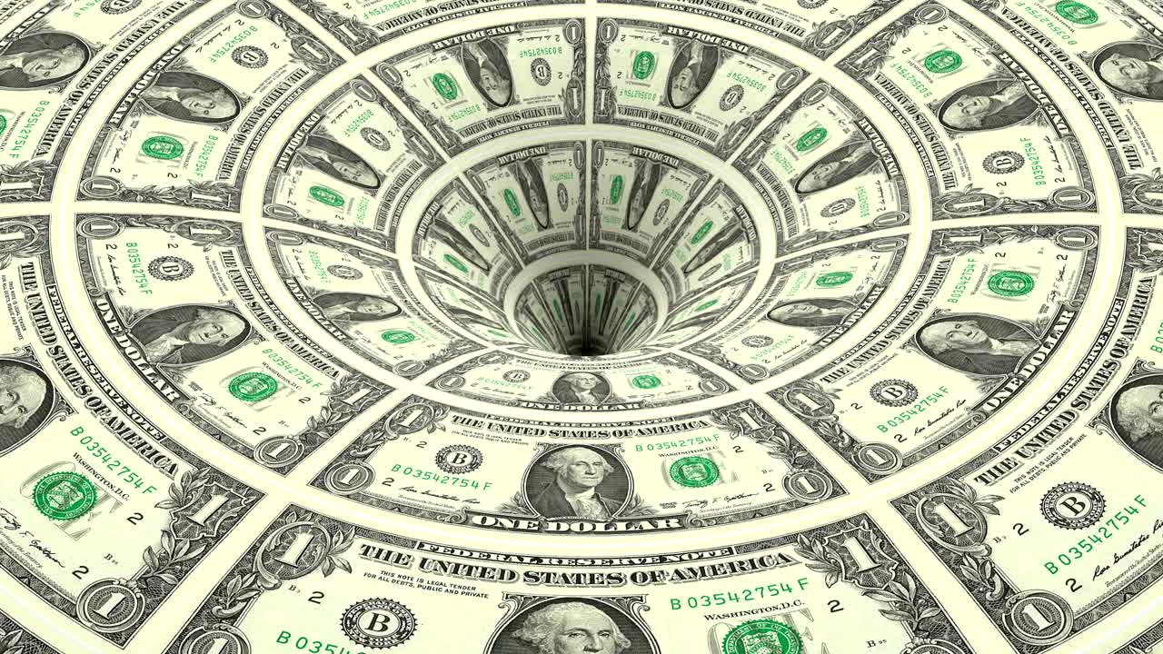 Sfondo di denaro con dollari americani che scorrono in un buco