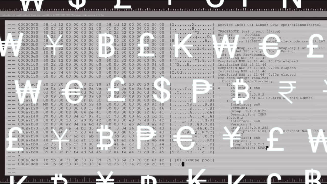 어두운 배경에 비즈니스 아이콘의 행과 금융 데이터 처리의 애니메이션