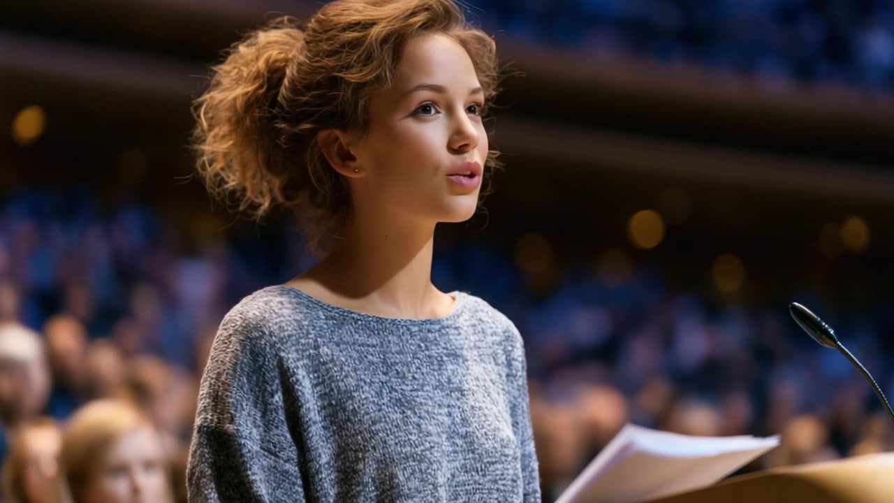 Engaging Young Speaker Captivating an Audience with Poise and Passion, Delivering a Compelling Speech in a Dynamic Public Speaking Environment
