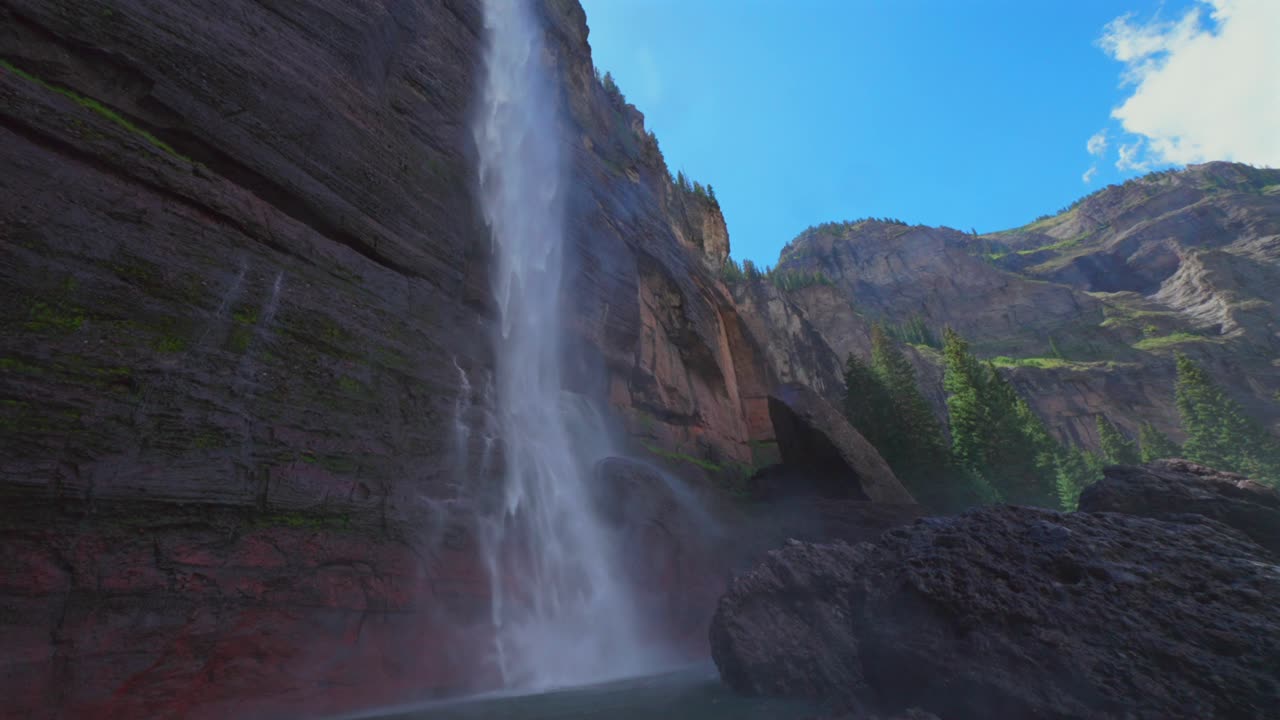 Telluride Bridal Veil Falls wide close up Waterfall Telluride Black Bear Pass Road Colorado powerplant windy mist spray Ouray Ridgway Box Canyon cliffside 4wd hiking cloudy sun blue sky pan down