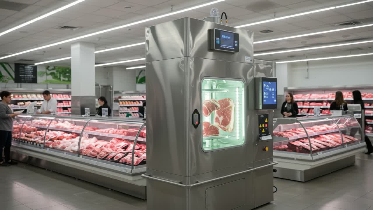 High-Tech Meat Display Unit Showcasing Fresh Cuts in a Brightly Lit Supermarket, Surrounded by Customers Shopping for Quality Meat Products
