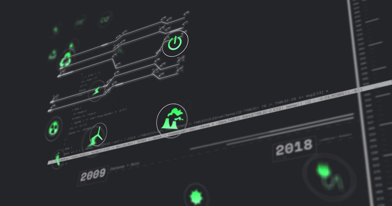Circuit-like data lines connecting neon green finance and energy icons animating on dark dashboard