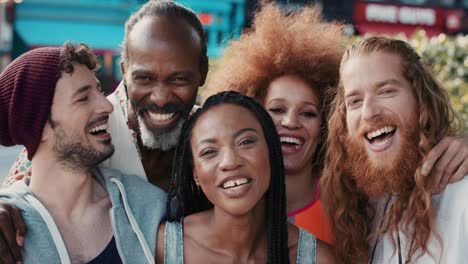 4k video footage of a group of diverse people embracing against an urban background