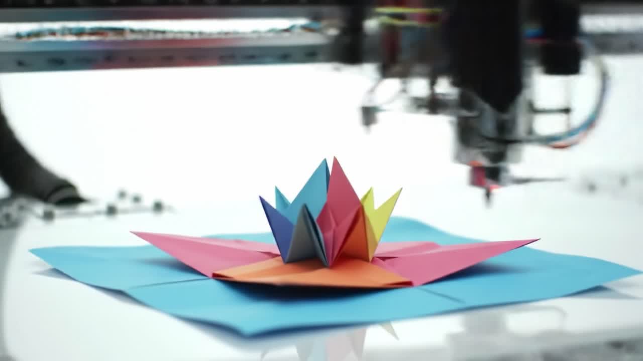 In a dynamic workshop, a cutting machine meticulously creates intricate paper designs. Brightly colored sheets transform into a stunning pop-up structure, showcasing artistic innovation.