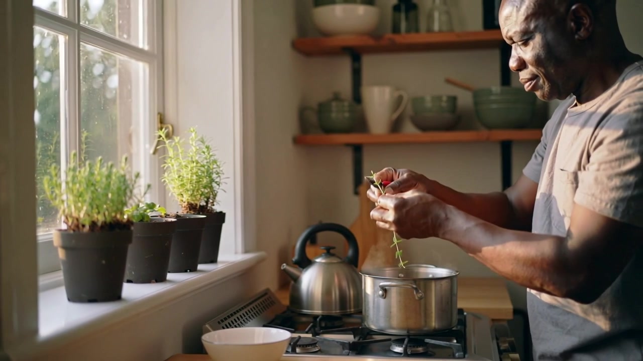 Reaching middle-aged man in tee and apron trimming potted herbs with shears at stove, seasoning pot