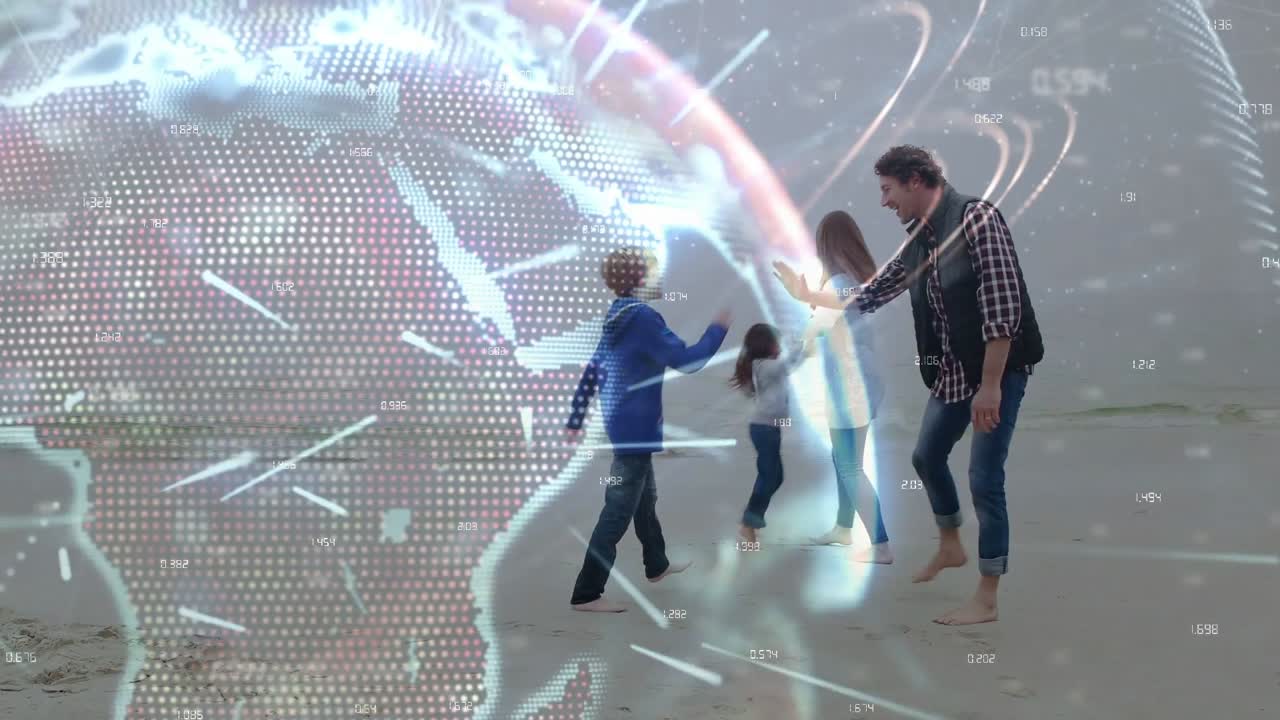 Family entering right and playing for fun while tech globe overlaying left blending with play