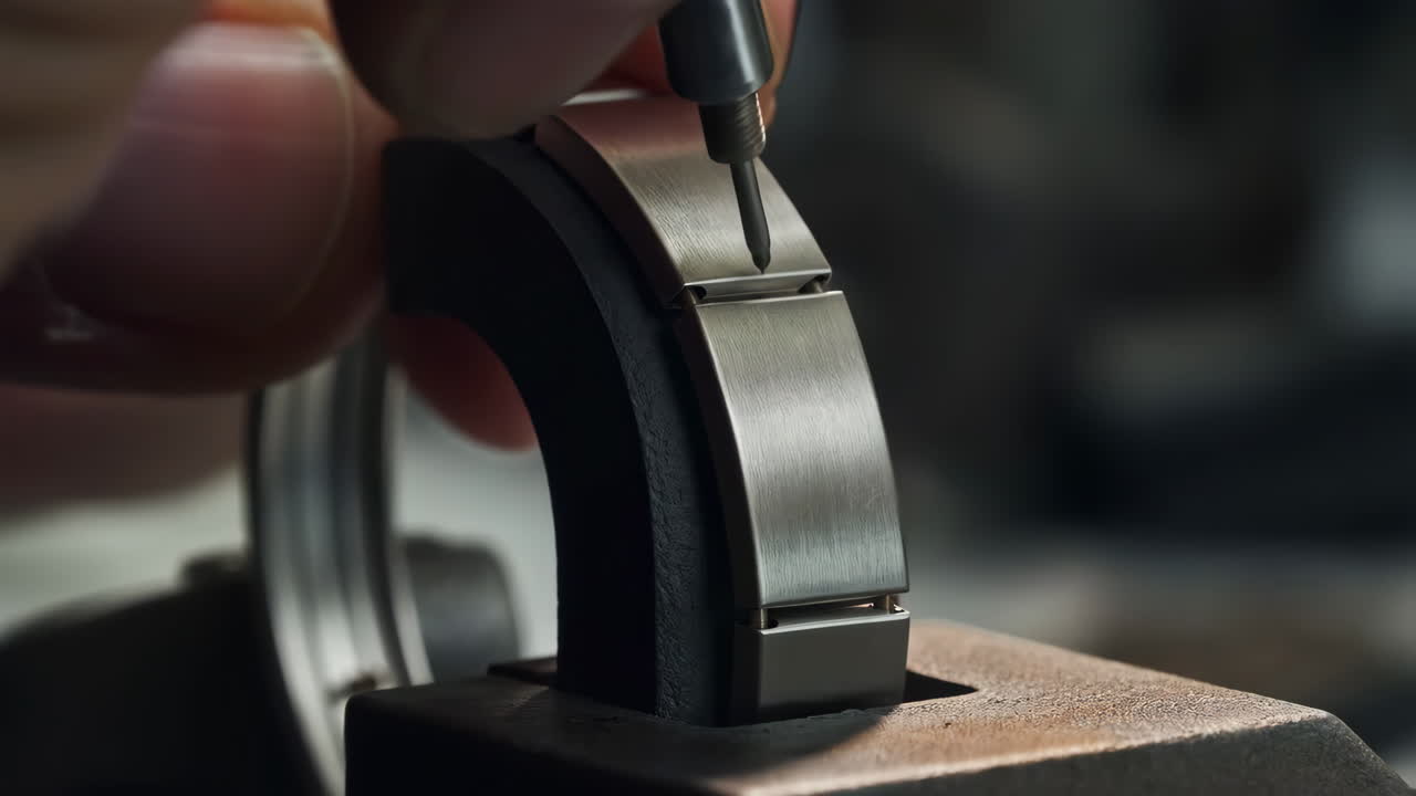 Close-up of a Watchmaker's Hand Working on a Metal Watch Bracelet