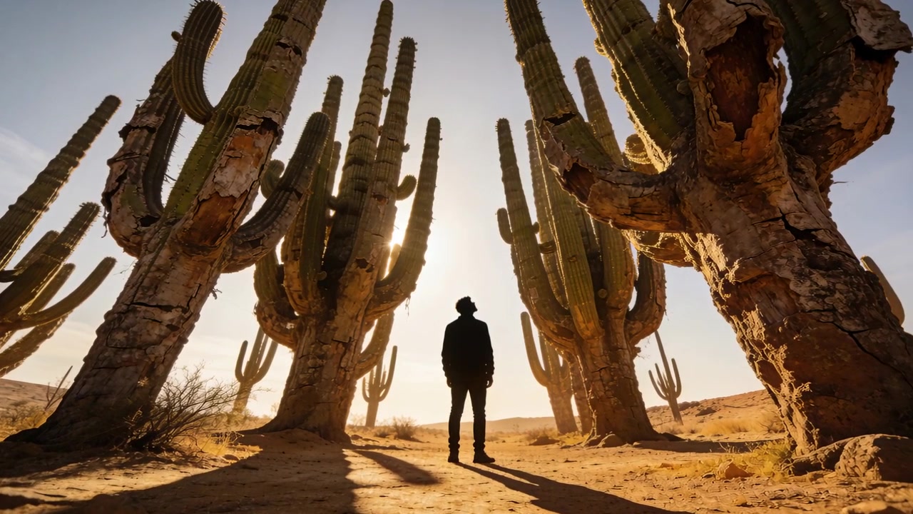 Uomo in piedi con cappello a tesa larga e giacca tra i cactus nel deserto, mentre il sole cala creando raggi di luce.
