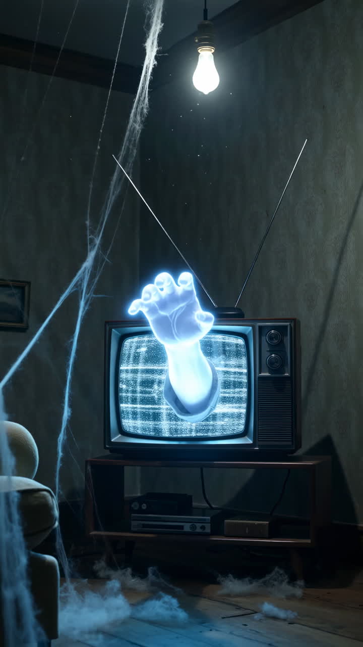 Ghostly Hand Emerging from a Static Television Screen