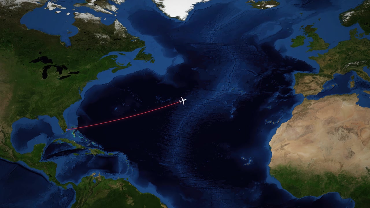 An airplane icon follows a red line across the Atlantic from Miami to Dublin