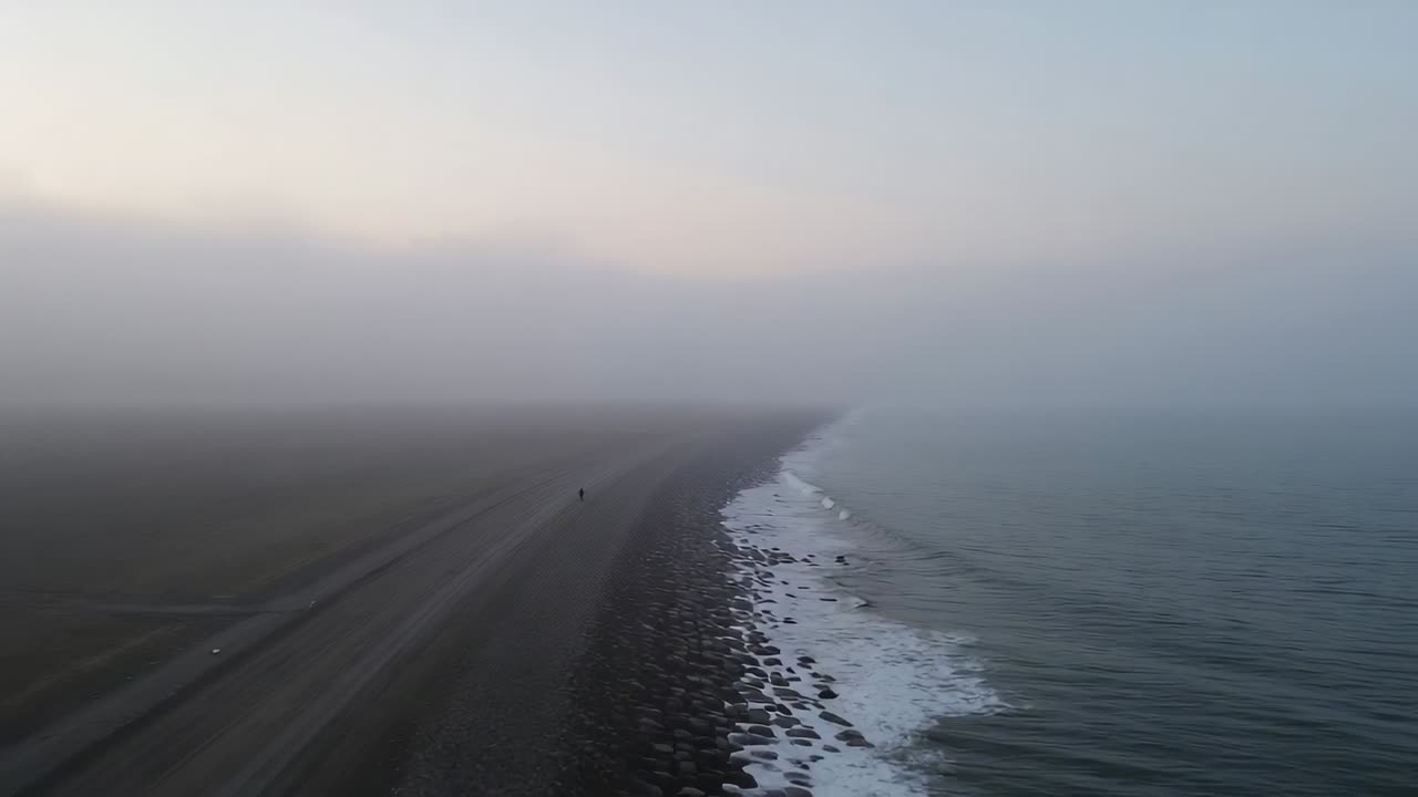 Drone emerging over foggy horizon revealing dark sand beach and walker receding in mist, copy space