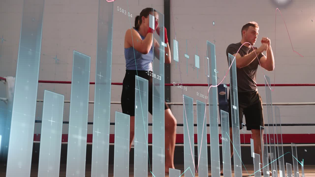 Two athletes shadowboxing on ring platform, financial charts appearing and guiding training drills