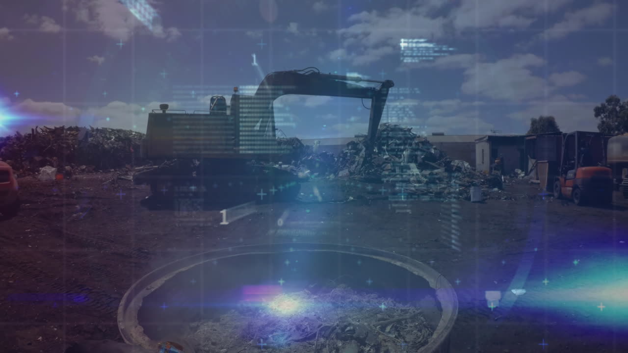 Financial data processing against crane grabber in urban industrial site