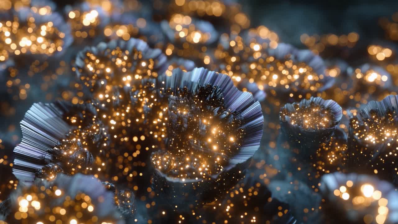 Fesselnde Nahaufnahme von glitzernder, üppiger Flora in einer Fantasiewelt mit strahlenden Funken und tiefen Texturen, die eine bezaubernde Unterwasseratmosphäre widerspiegeln.