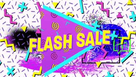 texto de venta instantánea en banner púrpura contra formas abstractas de colores en fondo blanco