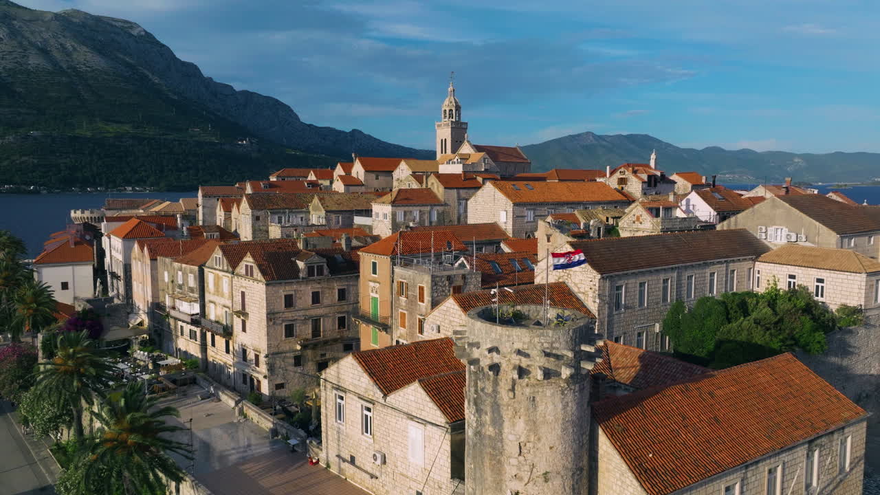 Korcula Old Town Wall Tower - City Fortifications In Korcula, Croatia. - aerial shot