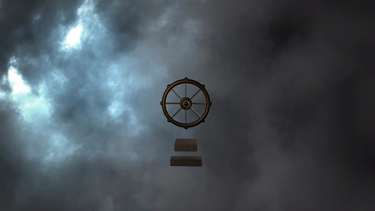 Skibsrat roterer, mens et skyglimt forårsager blåt baggrundslys, der afslører tre blokke og danner et emblem.