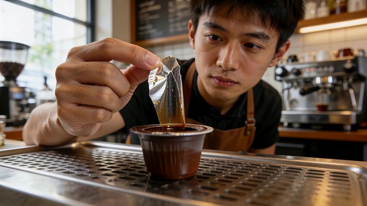 Barista con grembiule marrone che posiziona una capsula sulla griglia al bancone, rimuovendo la pellicola in una tazza per l'assaggio.