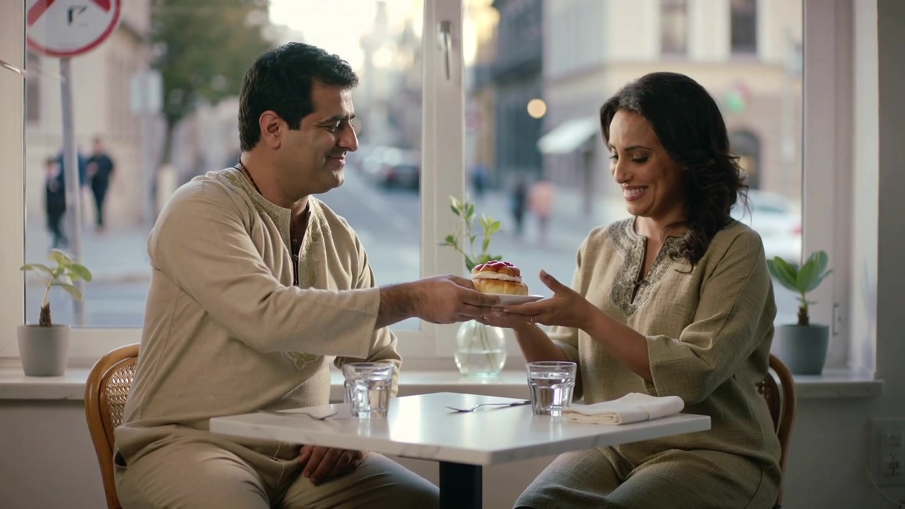 Hombre y mujer apoyados, vistiendo túnicas beige a juego, intercambiando un pastel en la ventana de una cafetería con agua.
