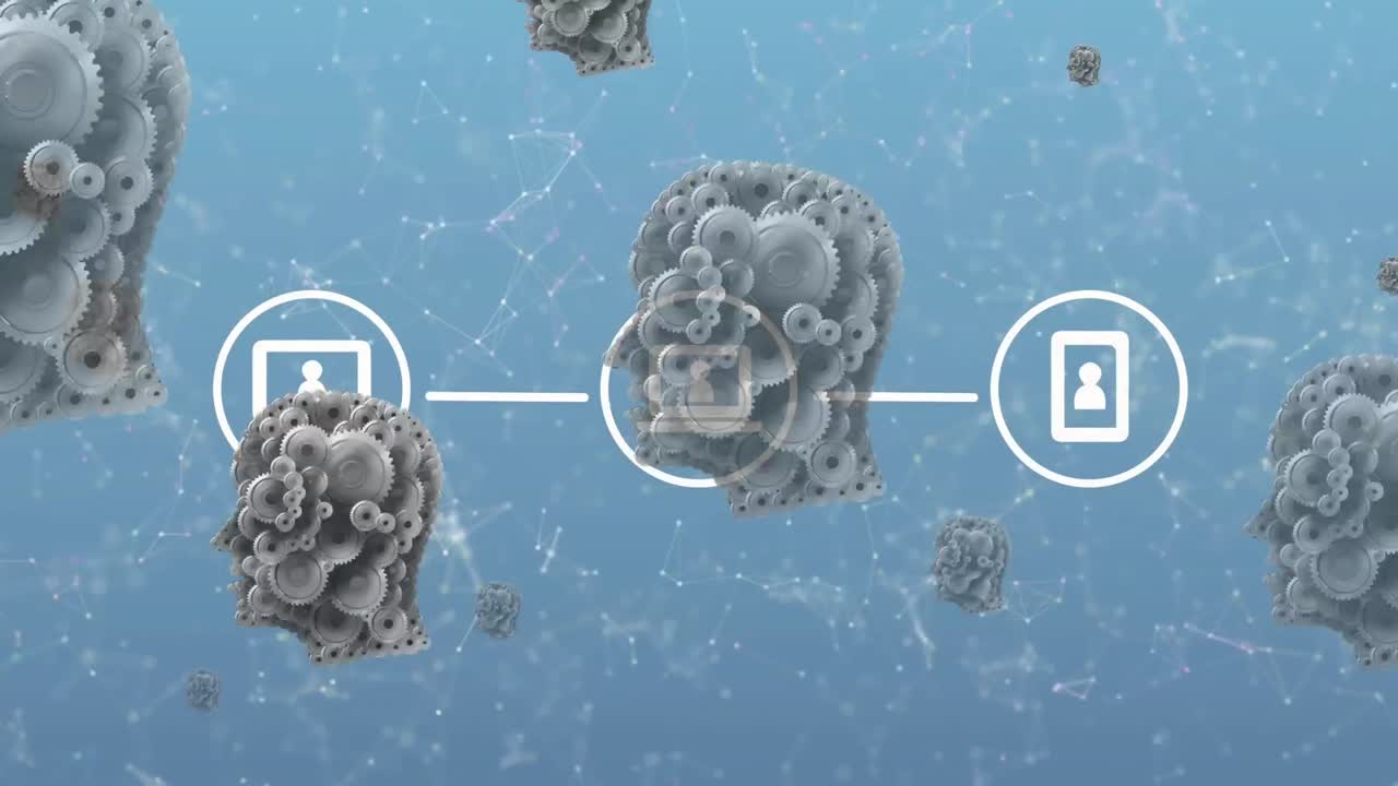 디지털 아이콘과 인간의 머리 아이콘이 파란색 배경에 연결된 네트워크에서 떠다니고 있습니다.