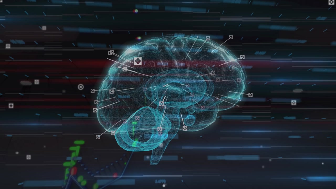 Animation of brain over lights and icons and graphs on black background