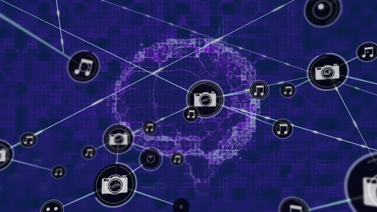 animación de la red de conexiones con iconos sobre el cerebro humano